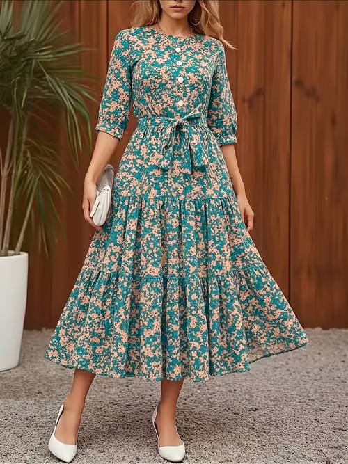 elegant casual street round neck three quarter sleeve spring and autumn dress spring summer dress