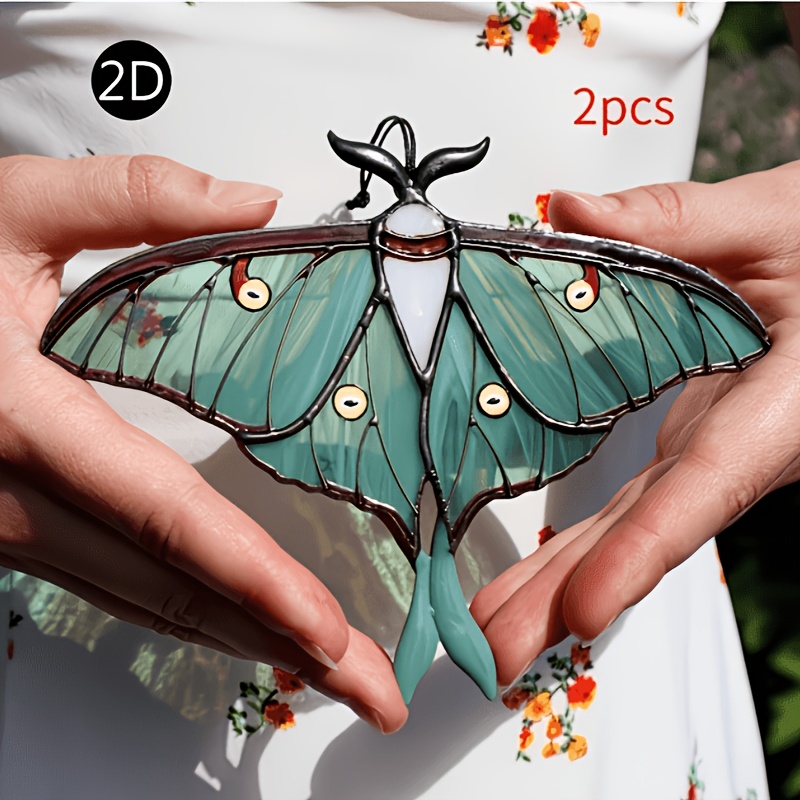 TEMU 2d Flat, 2 Bohemian-style Moon Moth Painted Sun Catchers- Green And Black Design, Suitable For Home, Garden, Or Outdoor Decoration, To ,