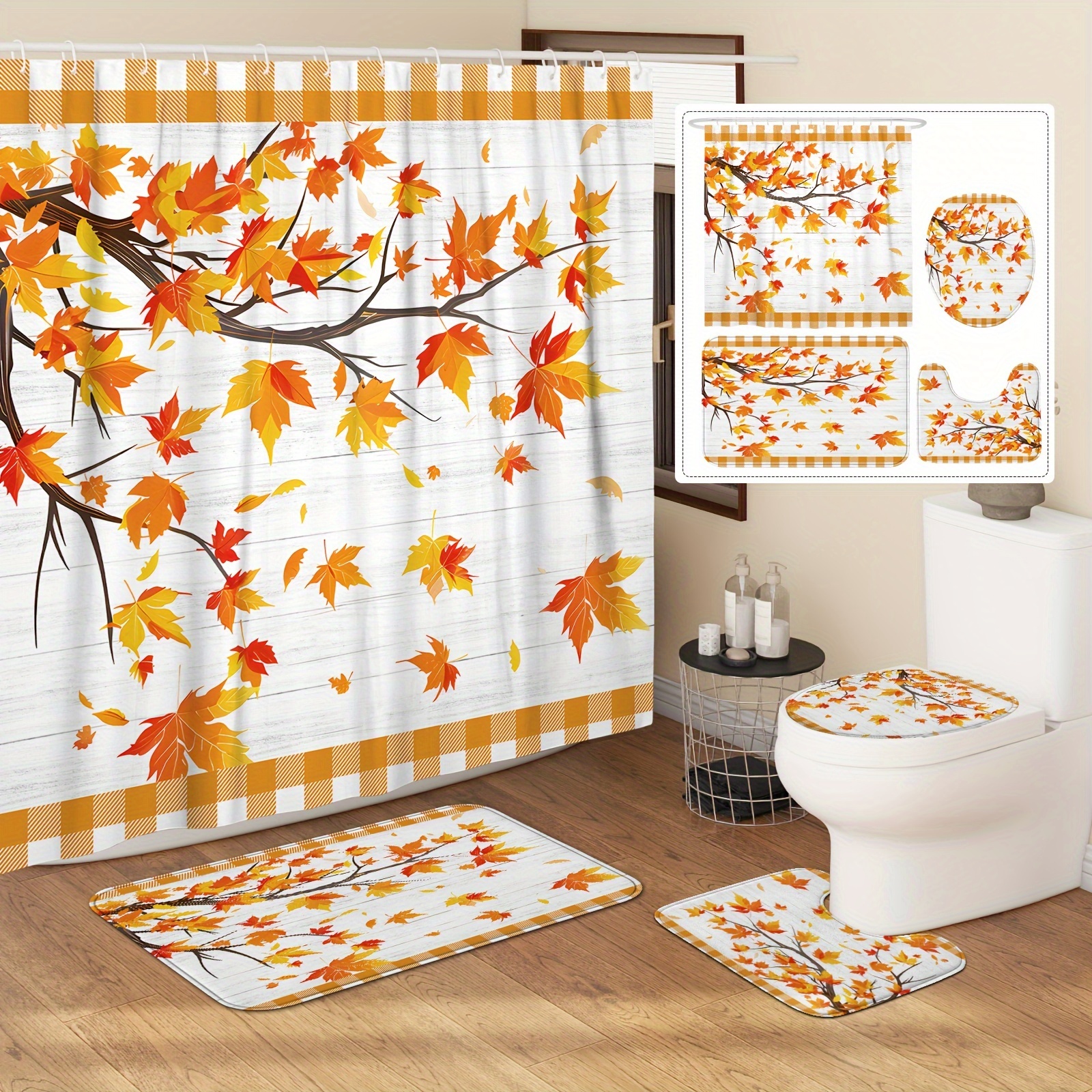 

Autumn Leaves Shower Curtain Set With Non-slip Rugs, Toilet Lid Cover And Bath Mat – Machine Washable, Water-resistant Polyester Fabric With Hooks, Woven Woodland Maple Motif For Fall Bathroom Decor