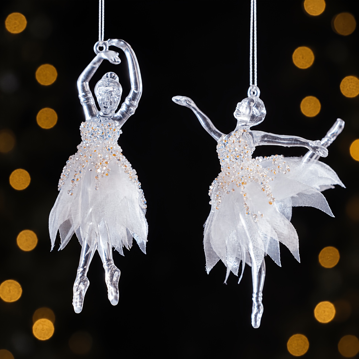 TEMU 2d Flat, 2pcs Set Of White Ballet Girl Christmas Ornaments, Featuring A Transparent Acrylic Dancer Design With A Beaded Tulle Skirt. Elegant