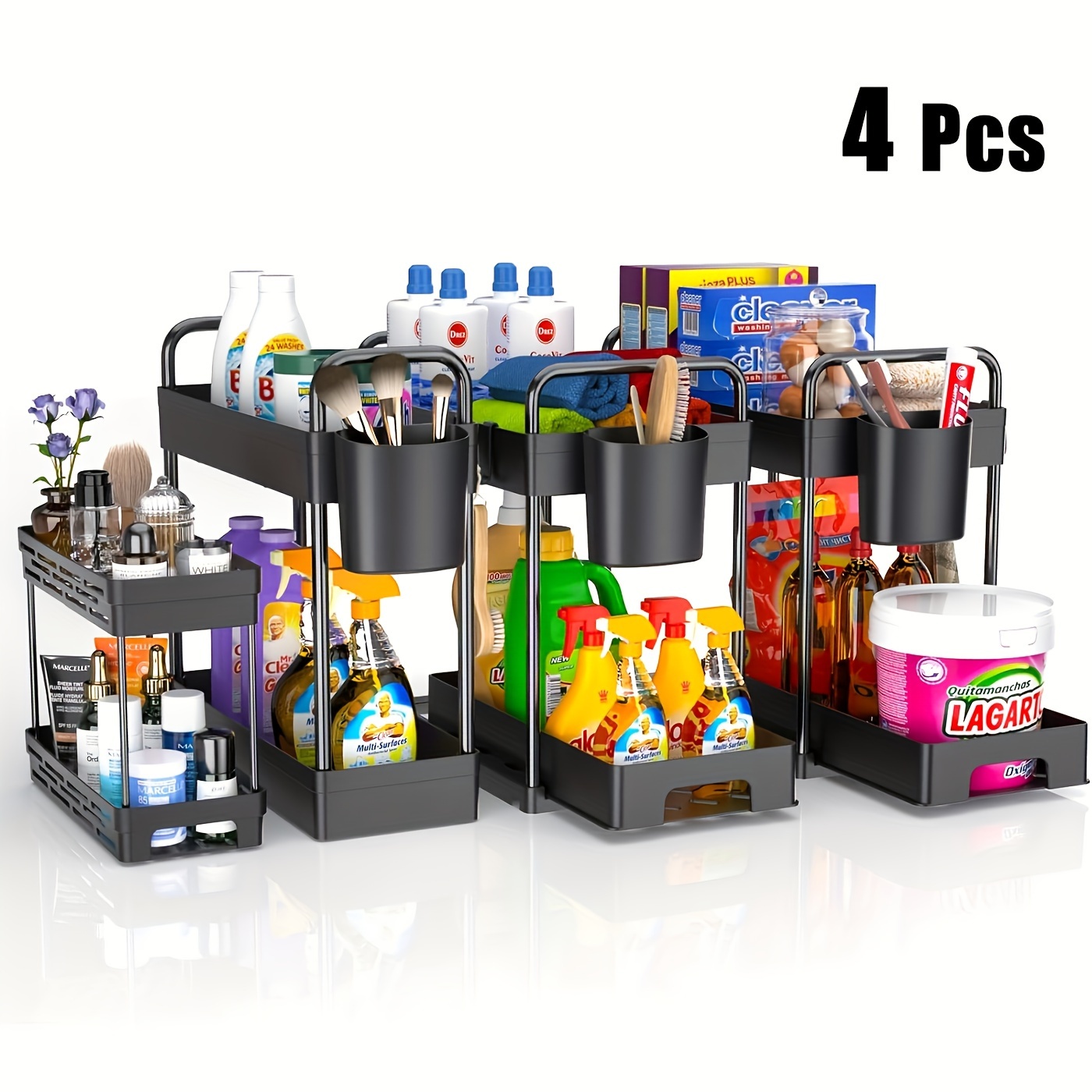 TEMU 4pcs Adjustable Under-sink Organizer - Metal& Plastic, Storage Rack For Kitchen & Bathroom Cabinets, Space-saving Design