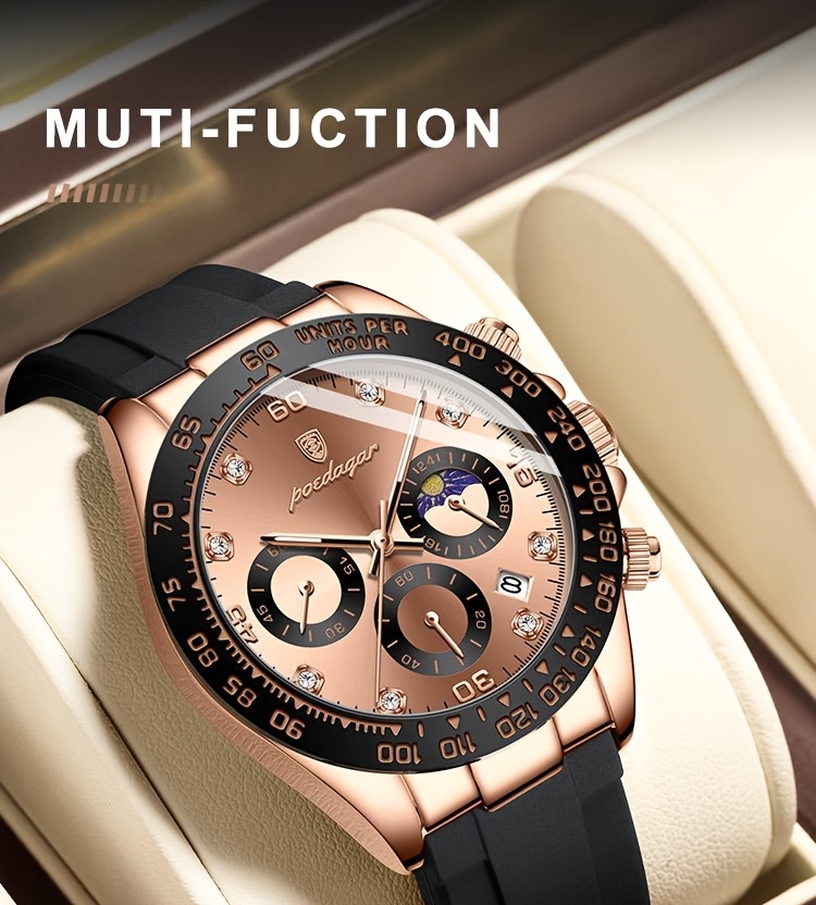 s waterproof quartz watch rose golden luminous calendar timer silicone strap business fashion style ideal for students professionals details 6