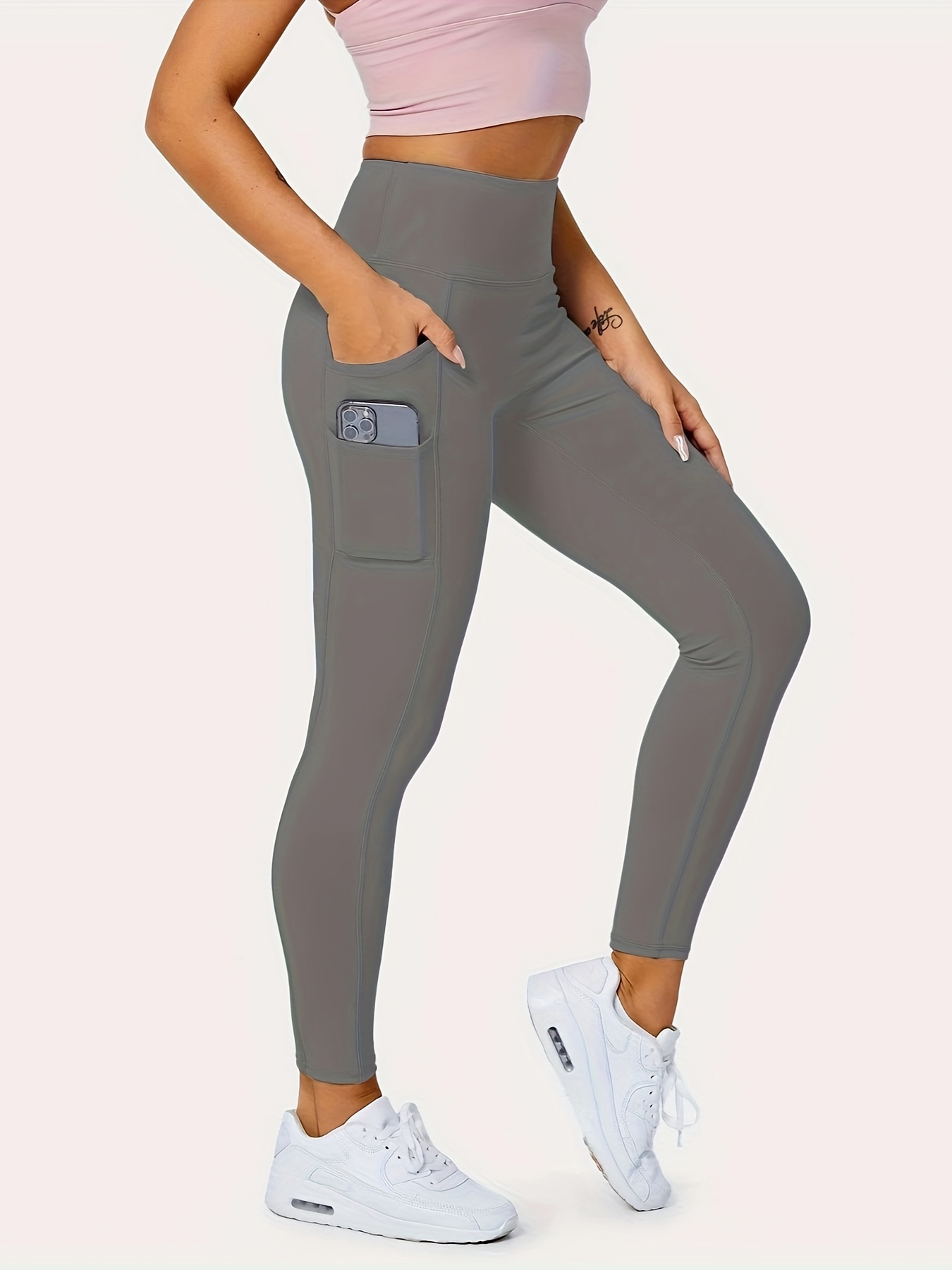 Plus Size Sports Leggings, Women's Plus Solid Pipping High Rise High Stretch Skinny Leggings With Pockets Suitable Spring/Autumn