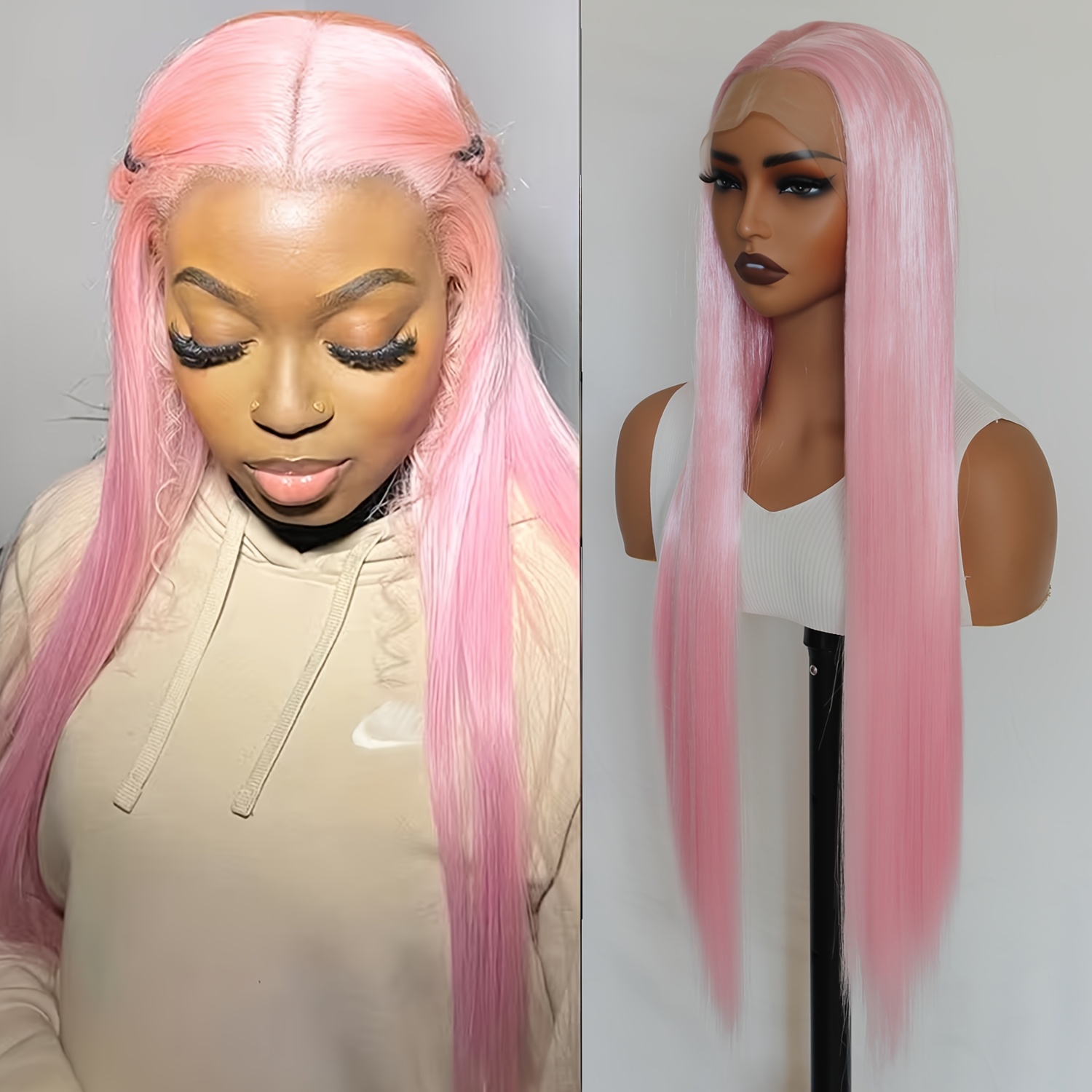 24 inch light pink long straight wig 13x4 synthetic lace  display picture 3