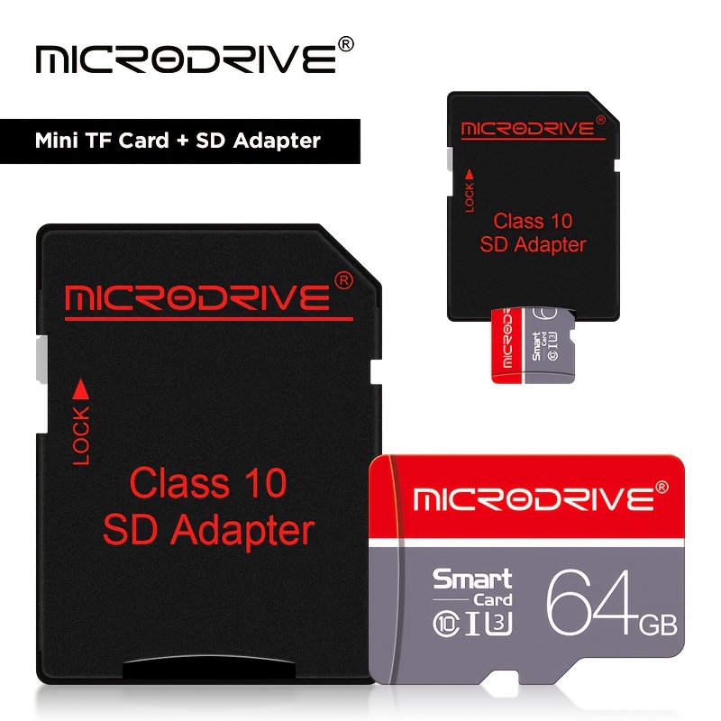 Adaptateur de carte TF haute vitesse MICRODRIVE rouge et gris, carte mémoire TF haute vitesse 64 Go, 32 Go, 16 Go, 8 Go, adapté au stockage de données sur tablettes, appareils photo, téléphones portables, équipements audio et machines d'apprentissage