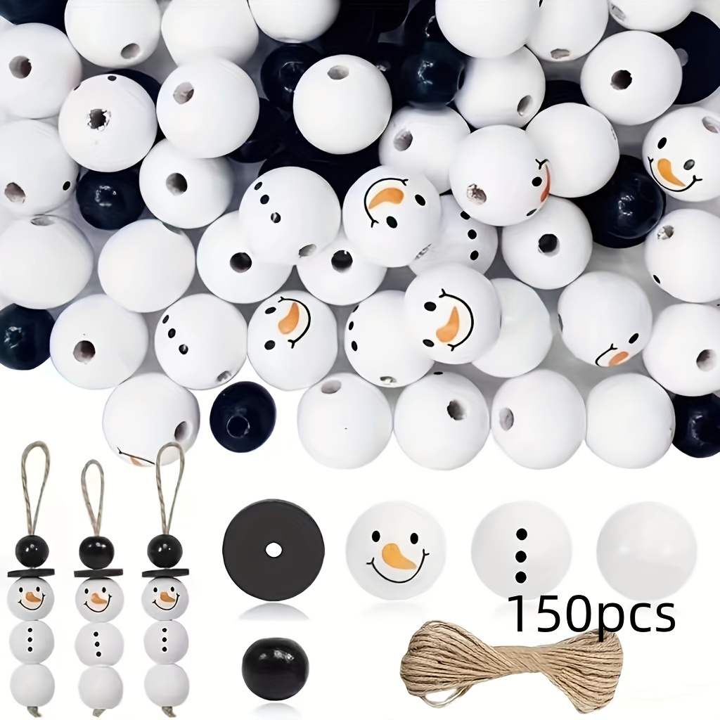 

150 Pcs Festive Snowman Wooden Beads With 10m/10.9yard Twine - Perfect For Christmas, Party, Home, And Handmade Decorations