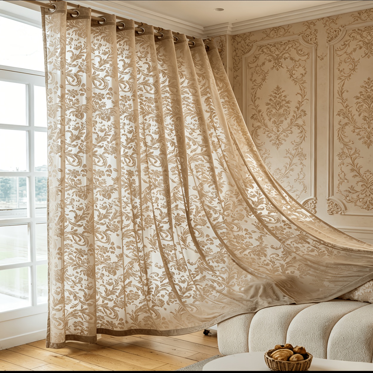 1 Panel Bohemian Baroque Semi-Sheer Curtain Panel - Creamy Transparent Lace Window Drapes with Jacquard Floral, Hanging Suitable for Bay Windows,, Filtering Panels, Installation for Rooms