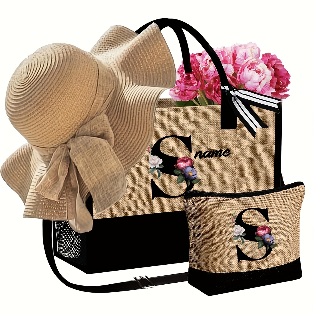 TEMU 3 sacs à main avec chapeau de plage pour femmes et trousse de Cosmétique, sacs à main personnalisés avec nom. Avec bandoulière, grand sac à main