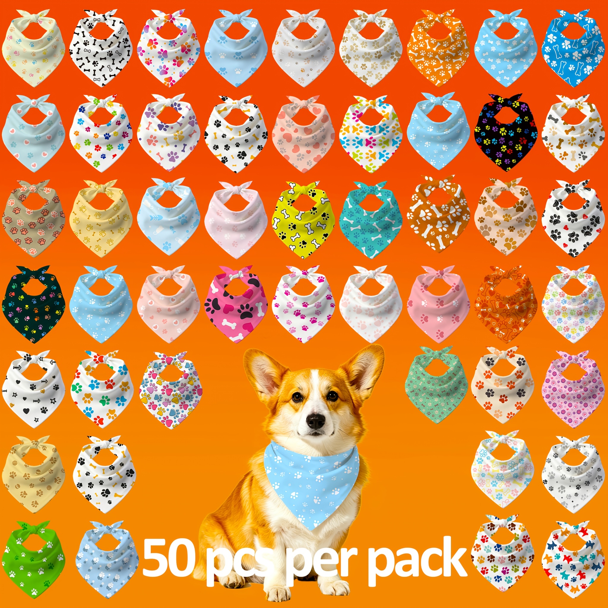 TEMU 50pcs Dog Bandanas, Soft Breathable Pet Triangle Scarves With Paw Bone Floral Prints For Small Medium Dogs