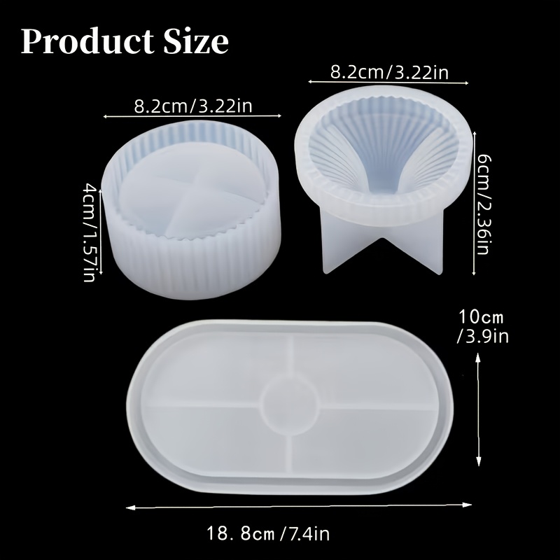 TEMU Moules en résine 3pcs Multifonctionnels Décoratifs en Silicone, Incluant Boîte de Rangement Rond à Bandes avec Couvercle et Plateau Ovale,