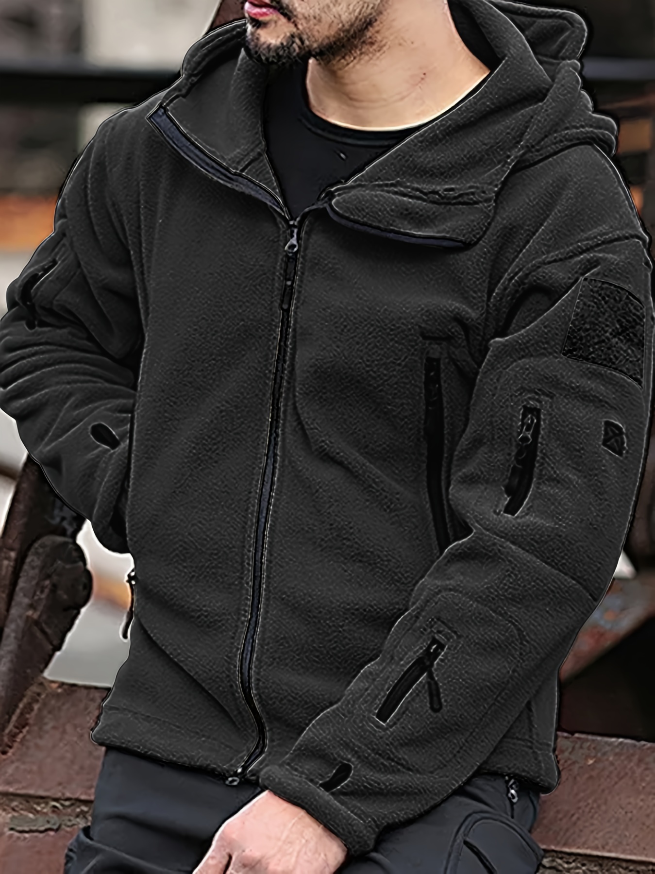 men s cozy fleece jacket zipper hooded windproof coat autumn Temu United Kingdom