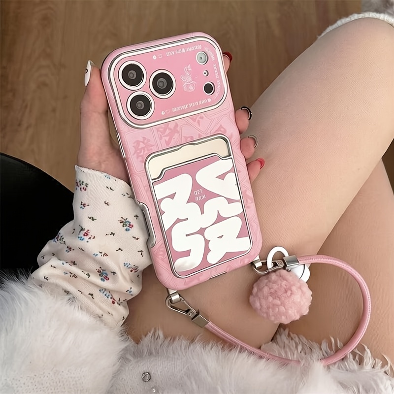 TEMU Phone Case: Fashionable And High-end Pink "fortune" Pattern Phone Case With Lanyard And Bell, Compatible With Iphone 17/17 Air/16/15/14/13/12/11