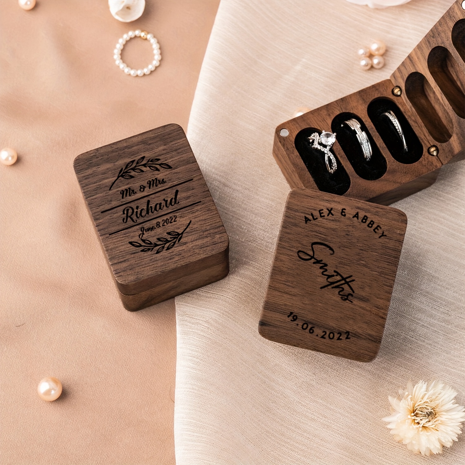 Custom Engraved Triple Ring Box, Wedding Ring Bearer
