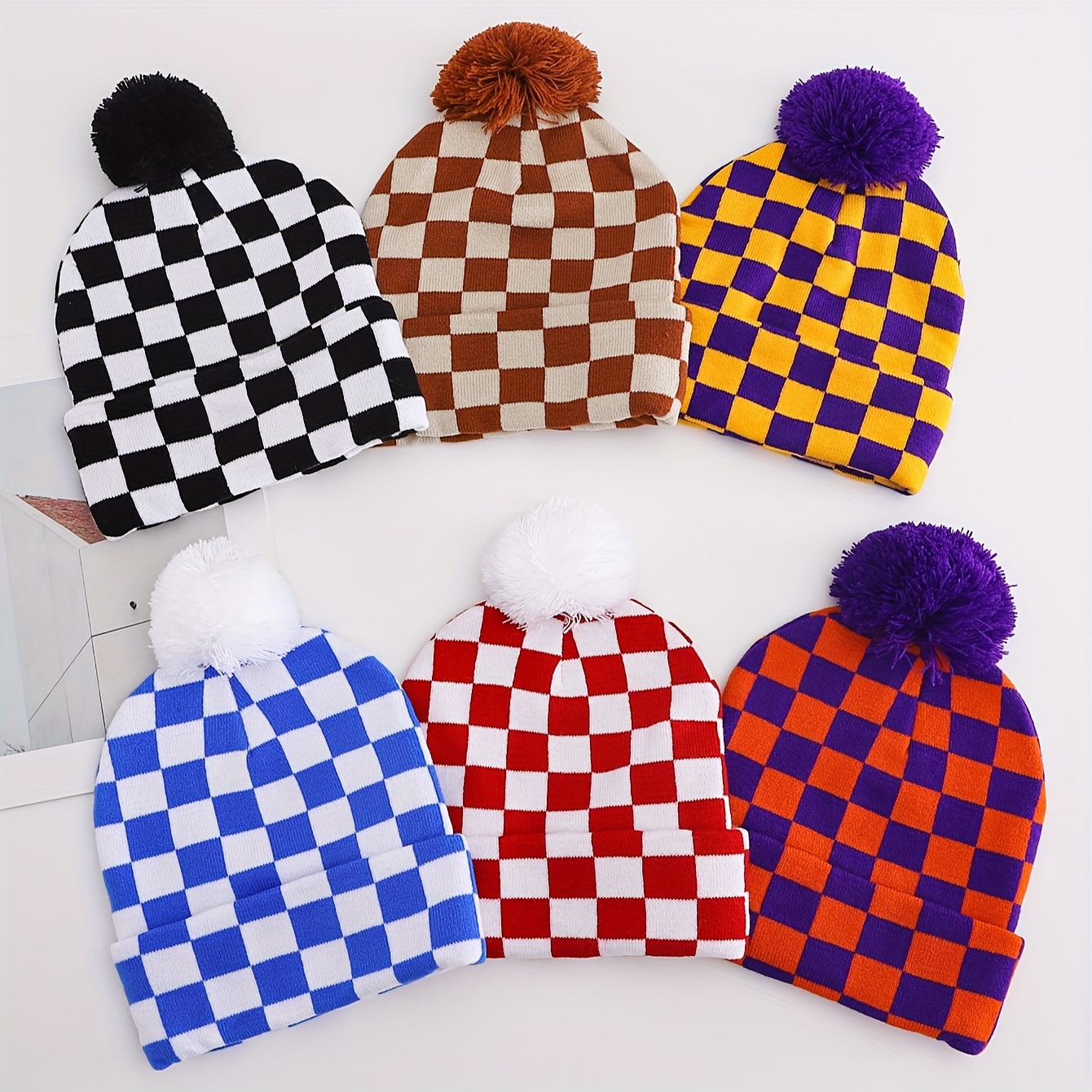 

Checkered Knit Beanie With Pom Pom - Women' Accessory - Lightweight, , And Hand Washable - The Holidays