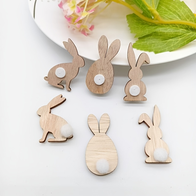 

12 pièces de décorations de de lapin en bois naturel avec support adhésif, décorations de fête de Pâques plumes, bois manufacturé, embellissements électricité