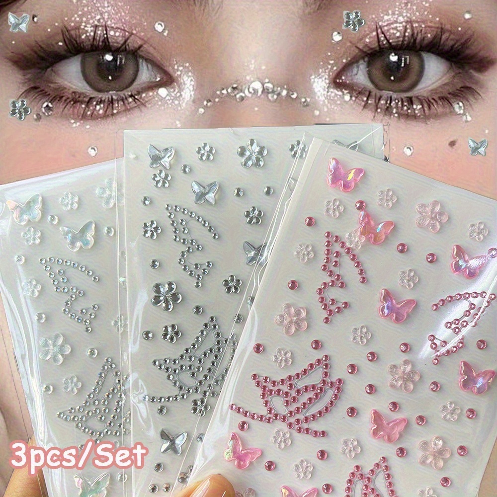 E-shop Ein Set aus drei farbenfrohen Schmetterling-Blumen-Aufklebern mit Strasssteinen, Gesichtsschmuck-Patches, modische