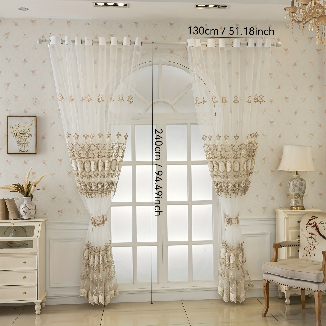 Image of 2pcs Embroidery Relief European Finished Curtain, Perforated For Suitable For Seasonal Decoration, Reference Bedroom, Living Room, Dining Room, Kitchen And Balcony Home Decor