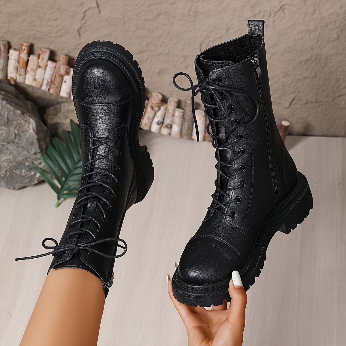 eryixili womens retro punk style   calf lace up ankle boots with thick platform sole round toe zipper closure synthetic cover casual work boots for casual attire black cowgirl boots versatile footwear chunky sole durable construction women 0