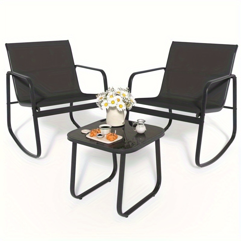 

Outdoorvibe 3 Pieces Outdoor Rocking Bistro Set- 2 Rocking Chairs With Glass Coffee Table, Gray