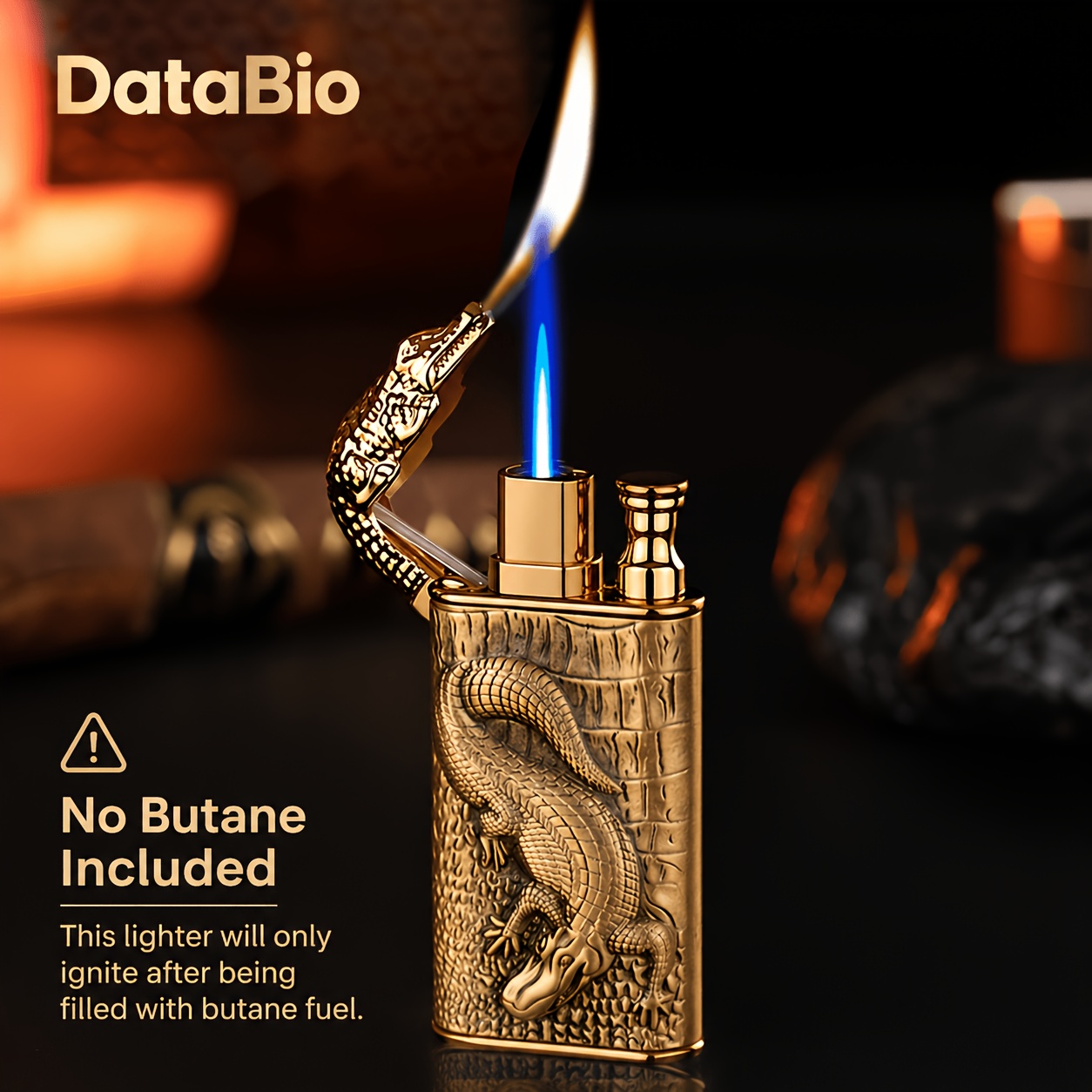 Gold-tone crocodile-shaped lighter shown with a blue flame