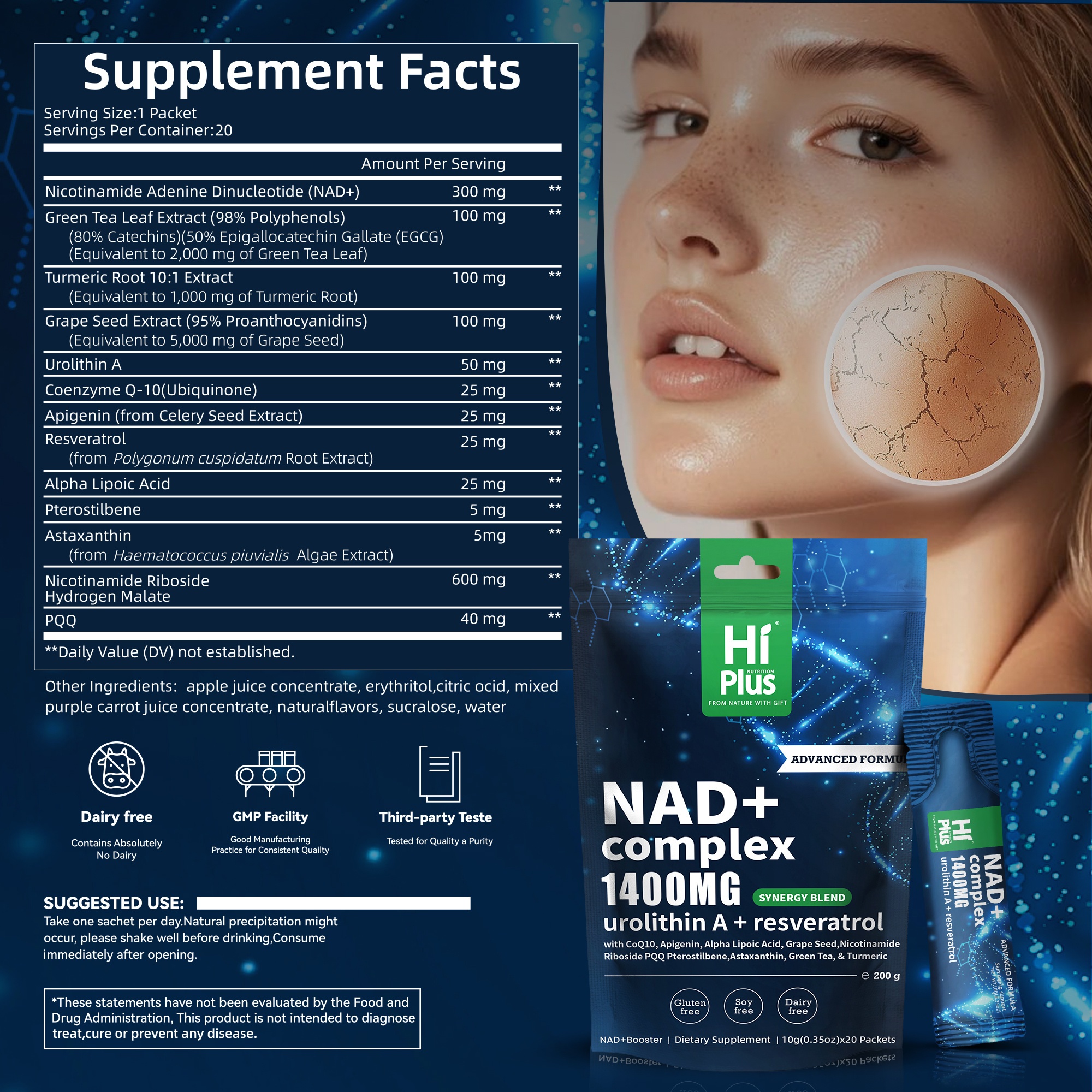HiPlus NAD+ 1400 Liposomal Energy Bars with Niacinamide Ribofuronate and Resveratrol, Sweet and Sour Berry Flavor, 20 Bars Pack