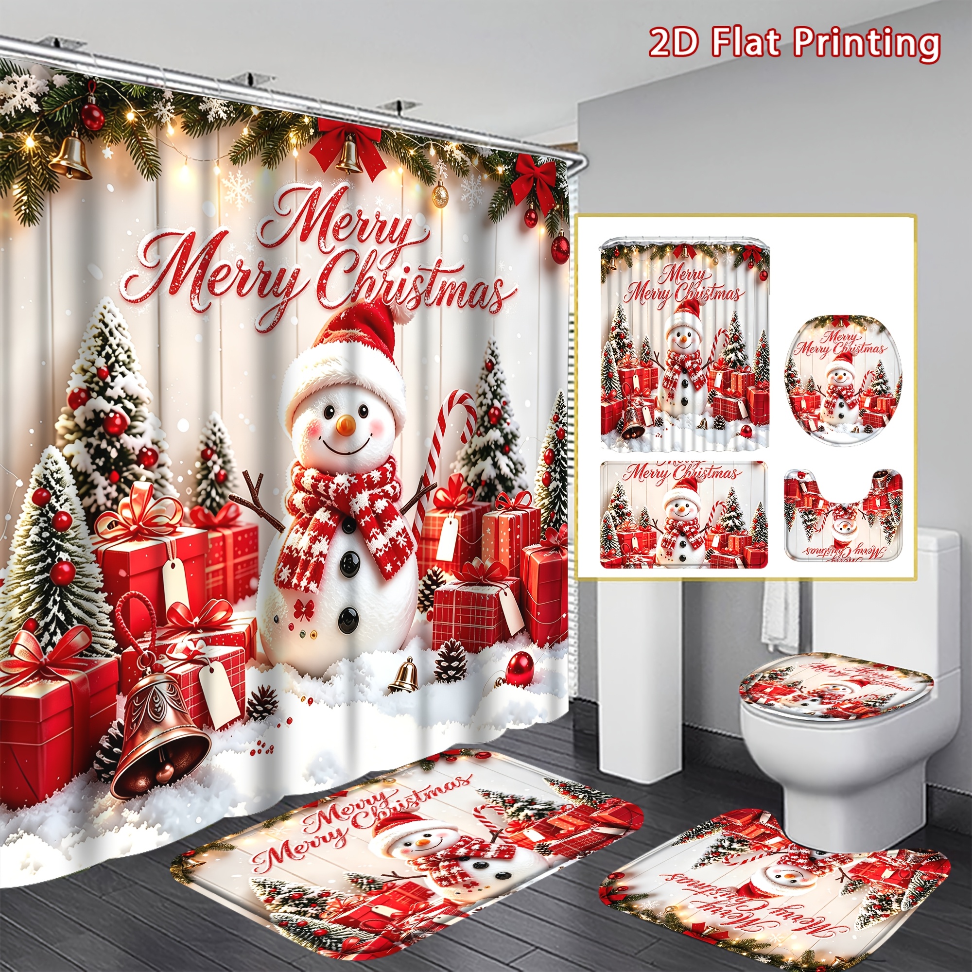 TEMU 2d Flat, 2d Flat, 2d Flat 4pcs Christmas Snowman Shower Curtain Set, Cute Snowman Gift Box Pine Print Bathroom Sets With Non-slip, Toilet Lid