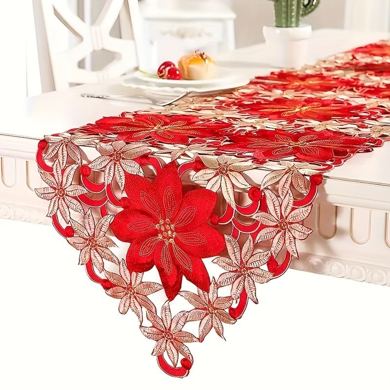 TEMU The Manufacturer Sells Christmas Red Hollowed Out Embroidered Tablecloths, Table Flags, Meal Mats, And Plate Mats