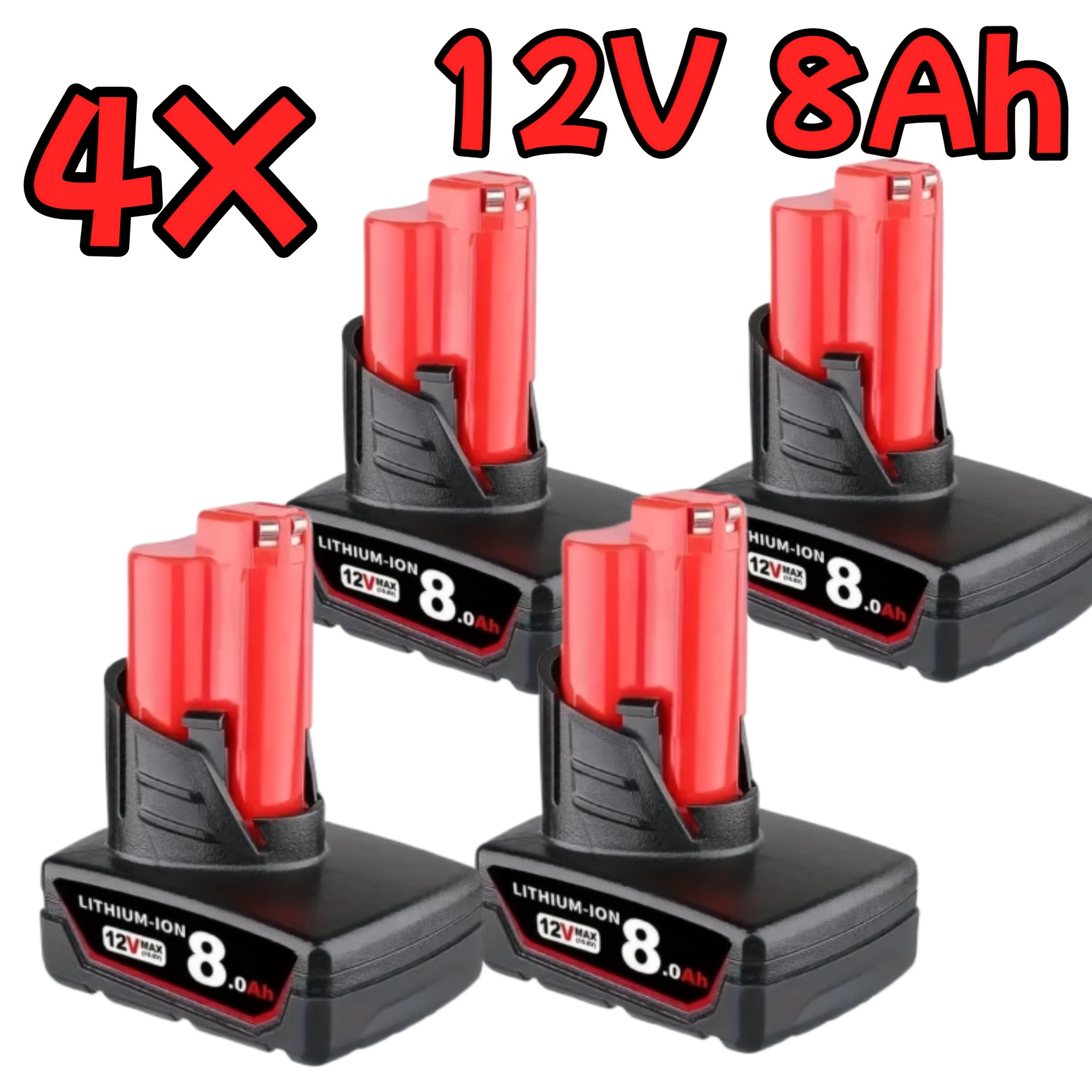 TEMU Pack de 4 Batteries Lithium-Ion 12V de Remplacement Compatibles pour Perceuses Fil 12V, 48-11-2460, 2412, 2401, 2440 - Haute Capacité 8.0Ah,