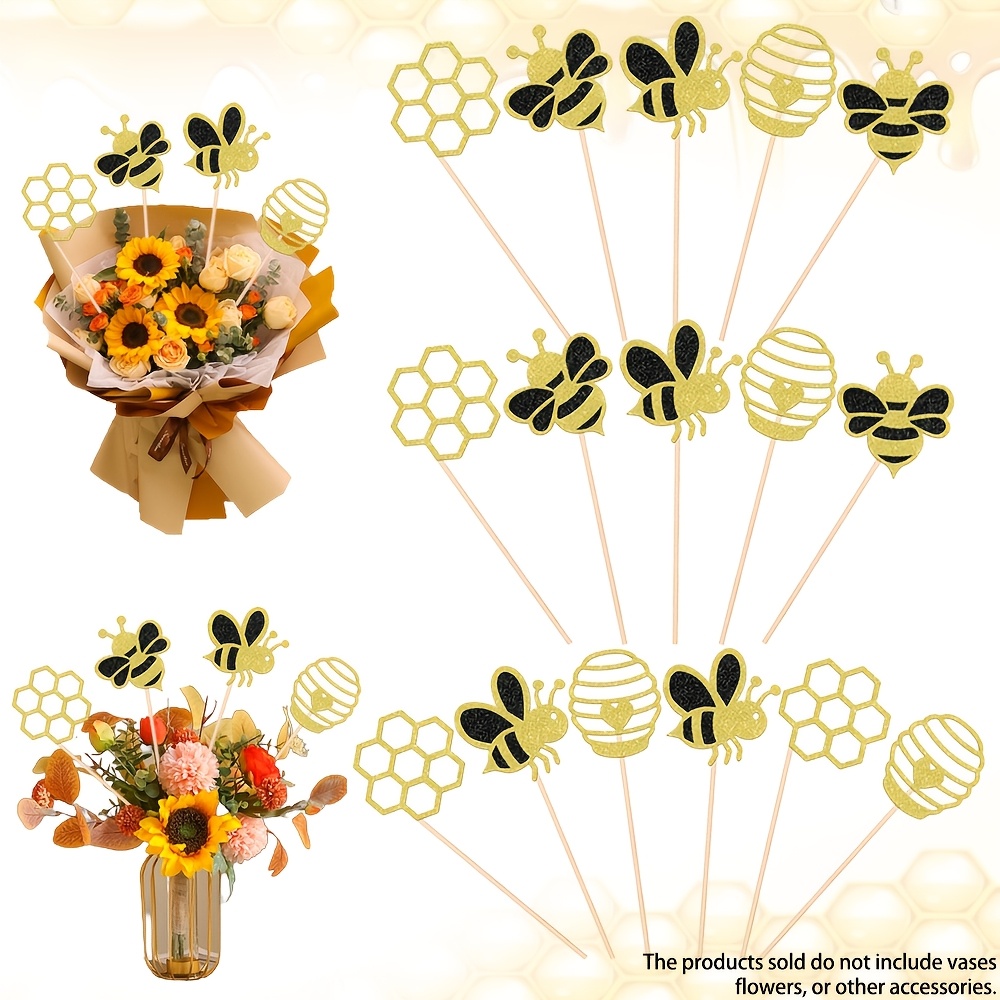 TEMU 16pcs Bumble Bee Centerpiece Sticks Glitter Gender Reveal Honeycomb Table Flower Centerpieces Bee Birthday Floral Decorations For Birthday Party