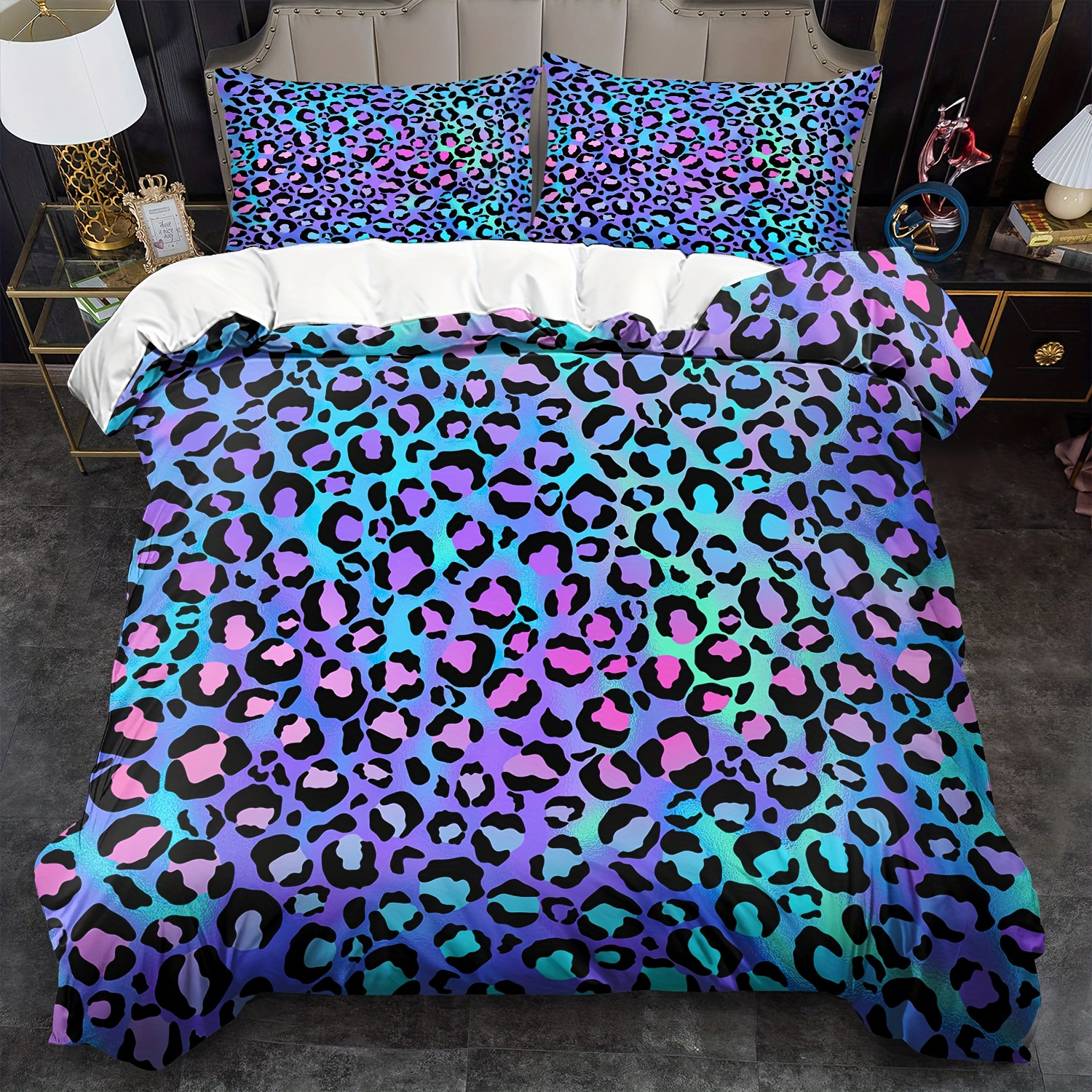 TEMU Leopard Print Theme Down Comforter Cover Set - 2/3pcs, Soft Comfortable Breathable Space Print Bedding, Digital Pattern Duvet Cover Set, 100%