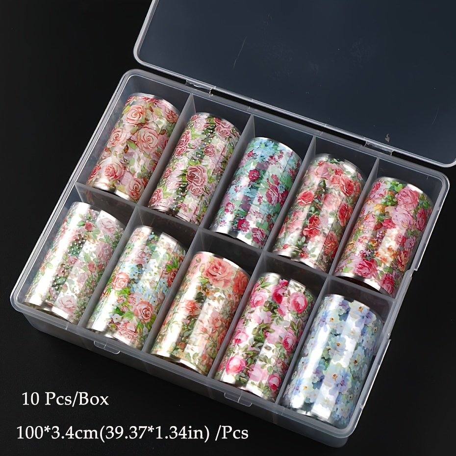Image of 10 Styles Of Spring Rose Flower Nail Foil Paper In Red, Pink, Purple, Orange, And Blue For 's Day. Ultra-thin Foil Transfer Printing For Nail Decoration And Gel Polish Manicure Additions