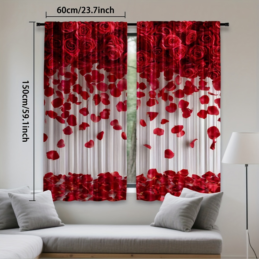 TEMU 2pcs, Semi-transparent Polyester Curtains For Bedroom & Living Room Decor, Holiday Decorations Curtains - Red Roses Flower Petals Art Print, Rod