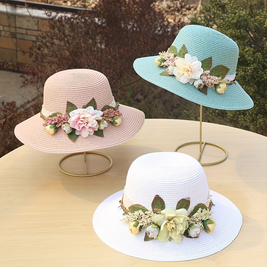 Elegant Silk Sun Hats Wide Brim Breathable UV Protection Bucket Hat Flower Decor Outdoor Travel Beach Hat for Women Girls,Temu