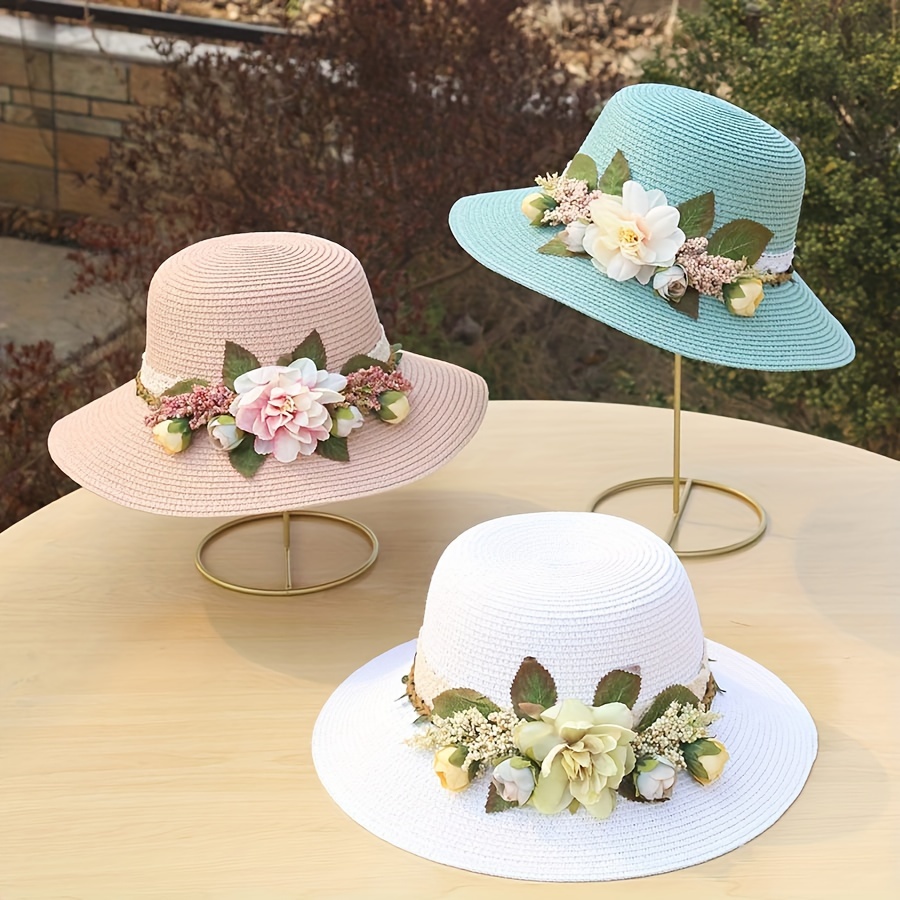 Exquisite Flower Decor Straw Hat Women's Summer Sun - Temu