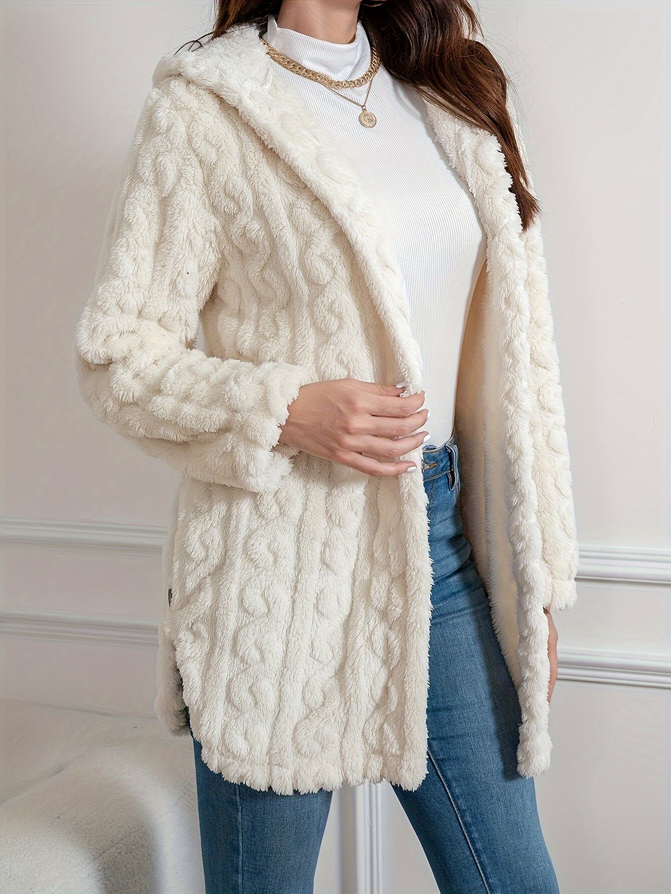 elegant polyester fleece hooded jacket solid color knit fabric womens fluffy coat for fall winter white 0