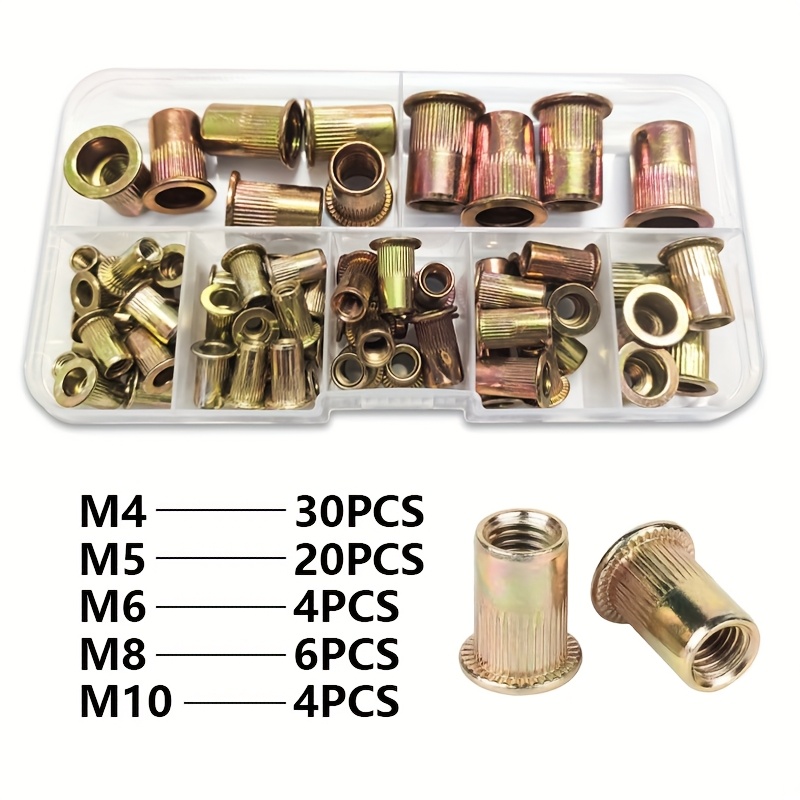 TEMU Kit d'écrous à plaqués de couleur 64 pièces - M4 - M10, tête plate, grain vertical, extrémité galvanisée polie, type écrou de blocage,