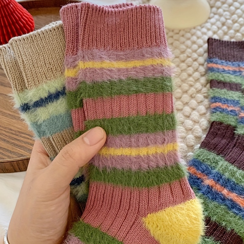 

Women' Retro Striped Socks, 3 Pairs, Polyester Knit Fabric With Spandex, Mid-calf Length, Thick Fleece-lined Warm Socks For Fall And Winter, Hand Washable