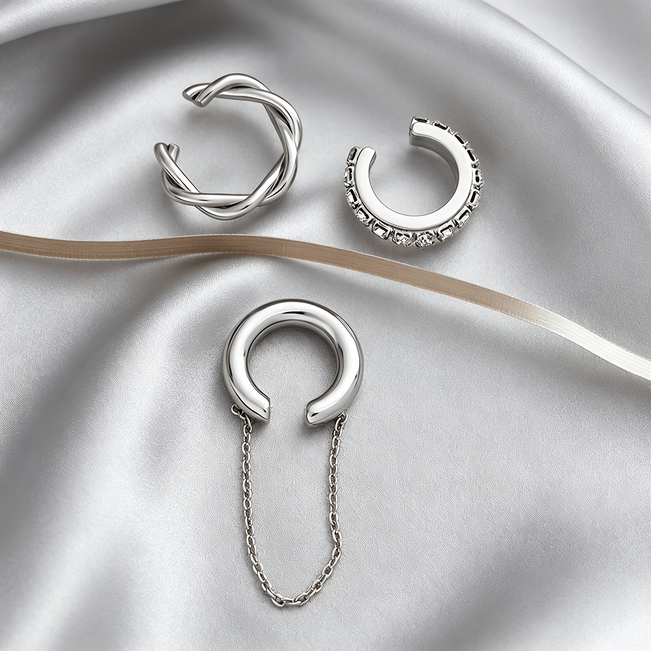 3pcs C-Shaped Twisted Chain Tassel Ear Bone Clip Earrings