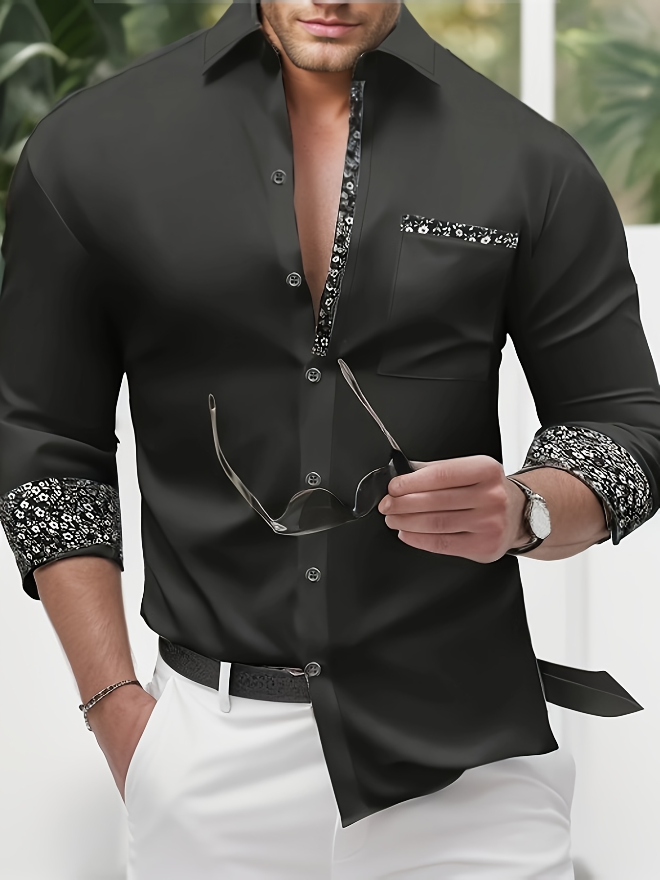 mens floral   lapel collar design casual shirts long sleeve casual button up shirt for   black 0