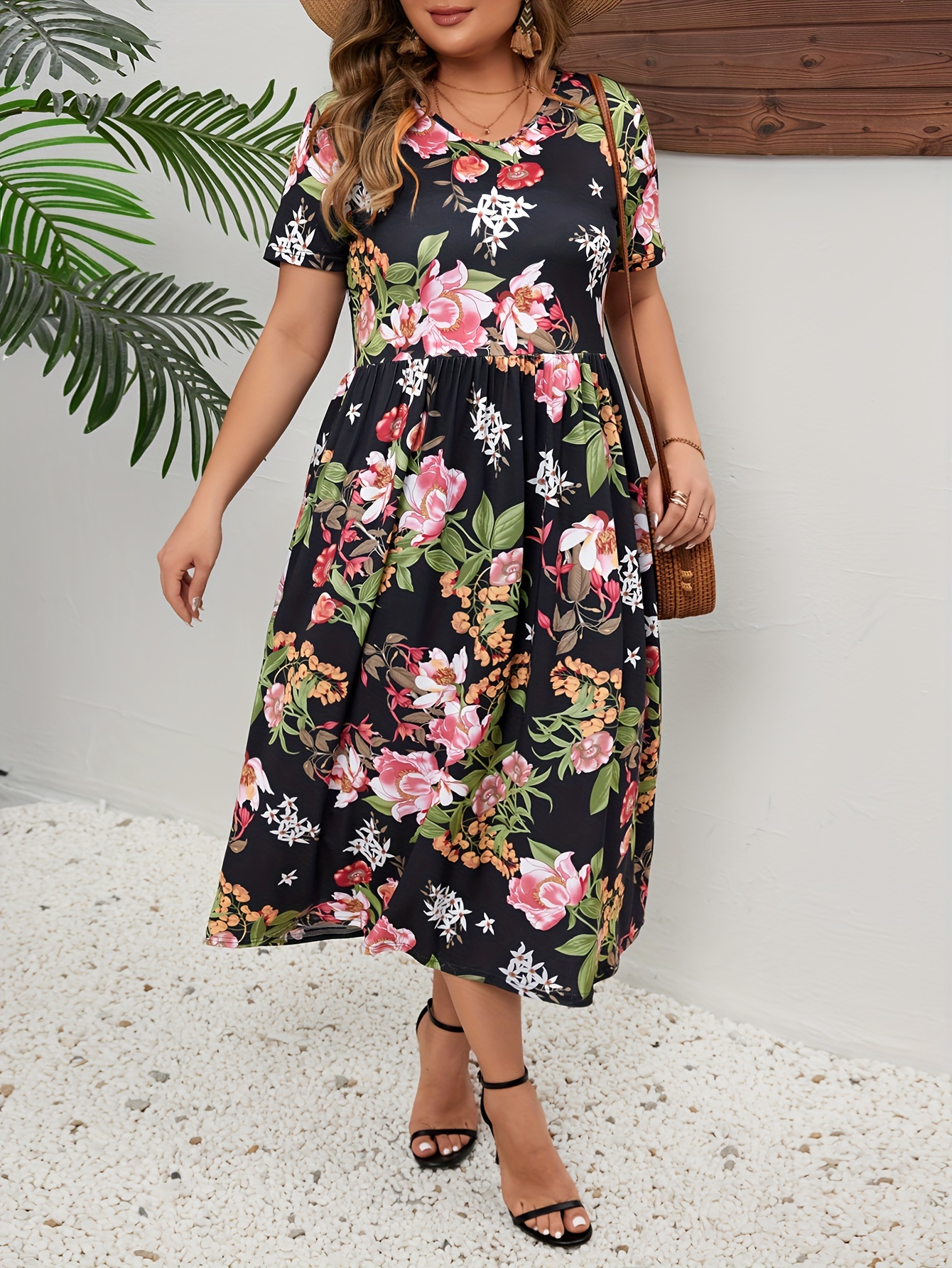 plus size floral print dress casual v neck short sleeve dress for spring summer womens plus size clothing
