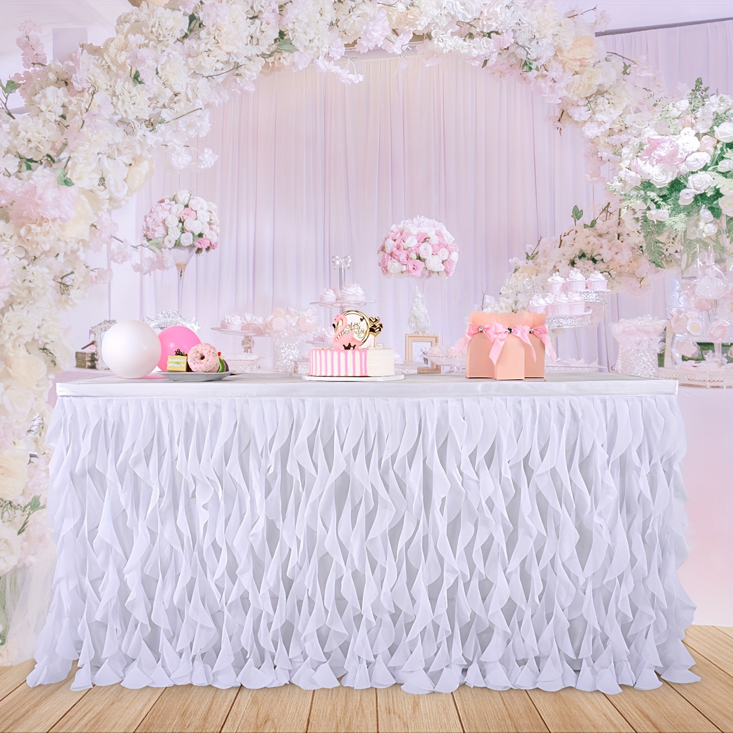 

Elegant White Polyester Table Skirt - For Rectangular & Round Tables, Ideal For Weddings, Birthdays, Banquets, And - Lace Ballet Short Design With