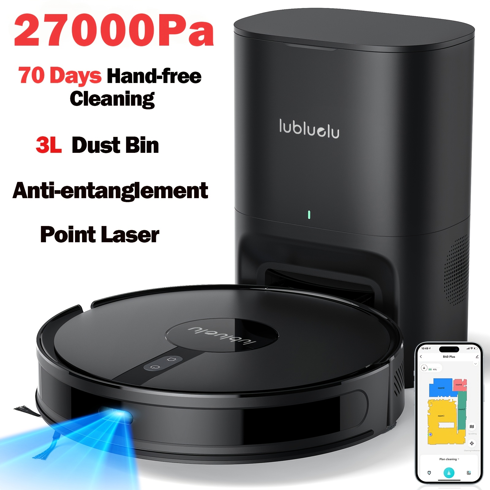 TEMU Lubluelu B40 Plus Robot Aspirateur et Laveur Combo | Aspiration 27000Pa, Auto-Vide, Corps Ultra-Plat de 3.93 in, Solution de Nettoyage 3-en-1