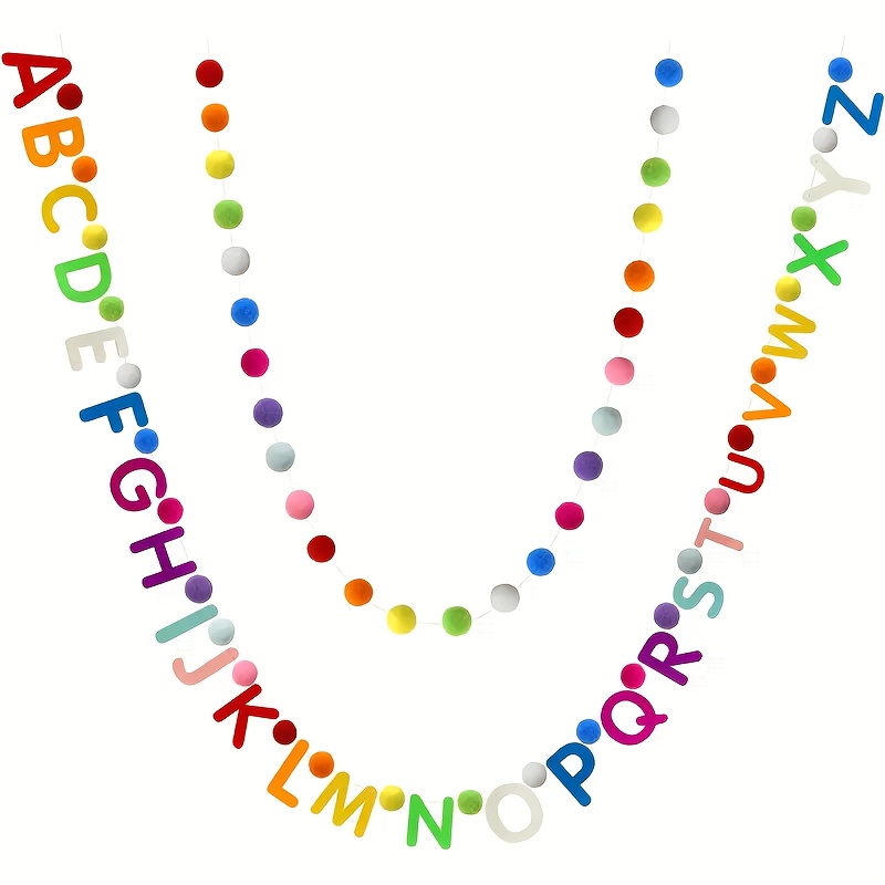 Image of 2pcs Felt Alphabet Garland - Rainbow Abc Wall Decor With 26 Colorful Pom Poms, No Feathers, Non-electric Party Decoration For Birthdays, Graduation, Classroom, Home & Decor