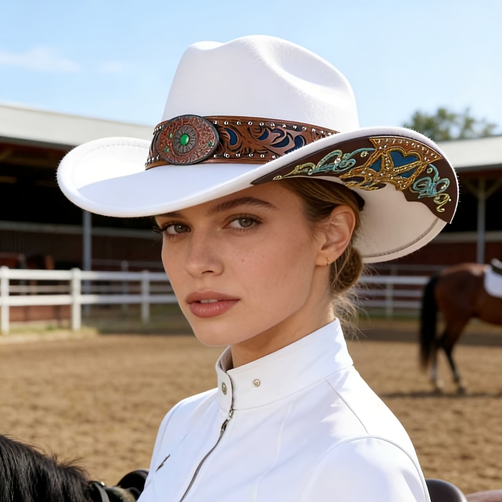 imagen del artículo 1 pieza [sombrero de fieltro] sombrero vaquero unisex de estilo   con ala   para   y correa decorativa de  , talla para   de cabeza de 57 cm, disponible en colores  , naranja, ,   y café