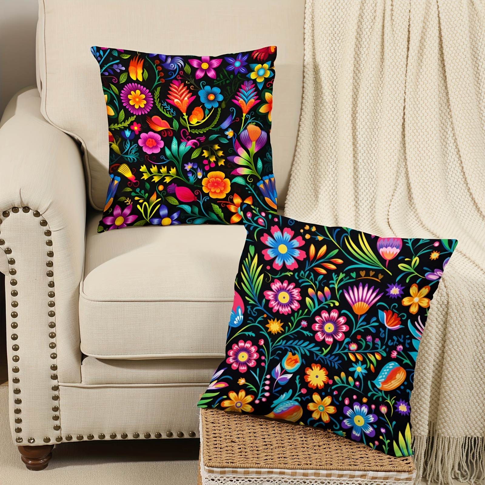 

4-piece Set Traditional Mexican Carnival Throw Pillow Covers - 18x18 Inch, Hd Geometric & Floral Designs, Linen Blend, Machine Washable For Living Room And Bedroom Decor