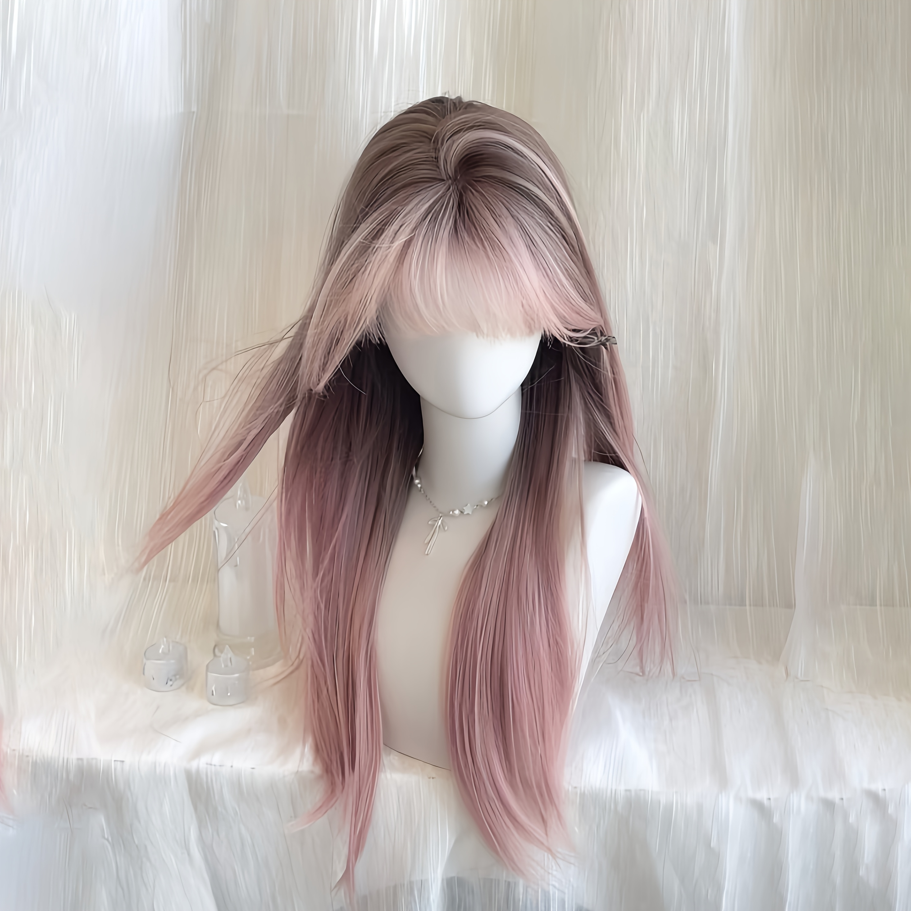 Image of 26-inch Women's Wig With Gradient Pink Air, Straight Bangs, Elegant Long Straight Hair, European And , Daily Elegant And Versatile, Suitable For Dates, Photos, Parties, Music Festivals, Full-head Wigs