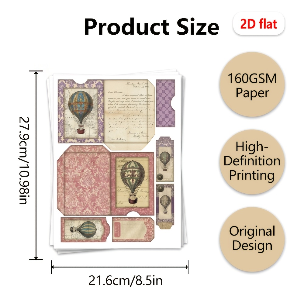 TEMU 2d Flat Hot Air Balloon Junk Journal & Craft Kit Suitable For Junk Journals, Mini , Planner Inserts, Planners - Paper Material With Pre-made