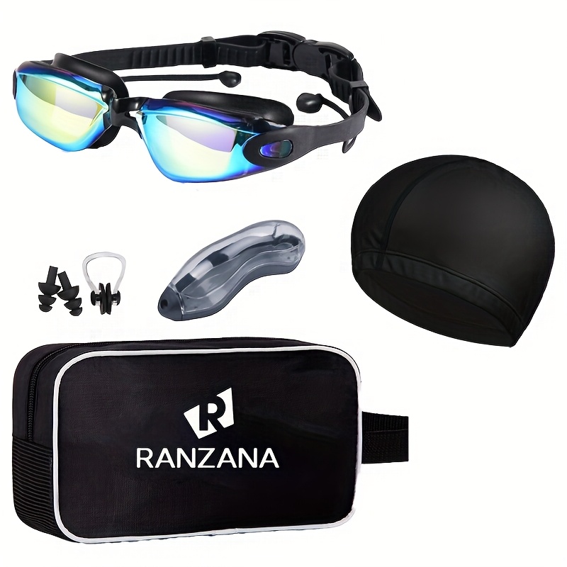 TEMU 6pcs Iridescent-coated Black Swimming Goggles Set Including Swimming Goggles + Waterproof Swimming + Nose Clip + Earplugs + Swimming Goggles Box