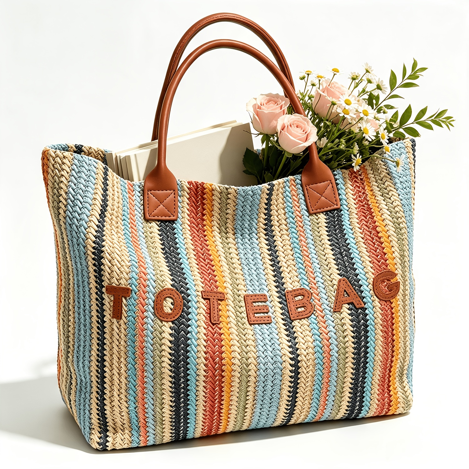 TEMU New Fashionable Colorful Striped Pattern Straw Large-capacity Women's Tote Bag, Bohemian Style Hand-woven Letter Pattern Contrasting Versatile