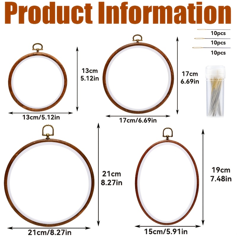 TEMU Complete Cross Stitch Hoop Kit With 3 Round & 1 Oval Frames, Needles & Storage Bottle Suitable For Beginners, Embroidery Frames For Crafting,